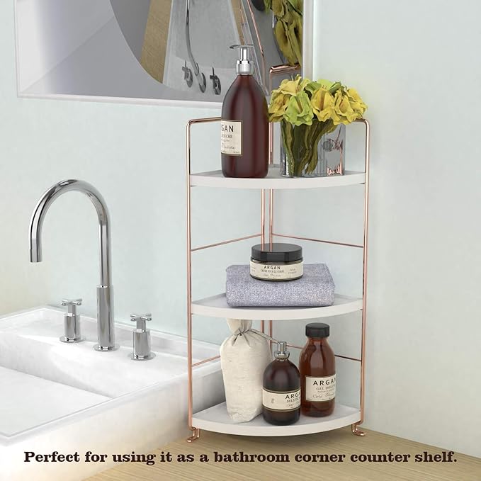 3-Tier Bathroom Countertop Organizer - Vanity Tray Cosmetic & Makeup Storage- Kitchen Spice Rack Standing Shelf - Corner Storage Shelf, Rose Gold
