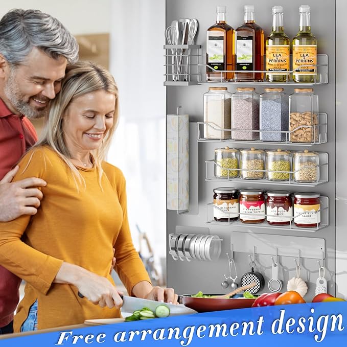 Magnetic Spice Rack for Refrigerator,8 Pack Magnetic Fridge Shelf, Moveable Spice Organizer with Hook Rack, Paper Towel Holder, Utensil Holder,cup lid holder, Super Magnetic Rack Set (Grey)