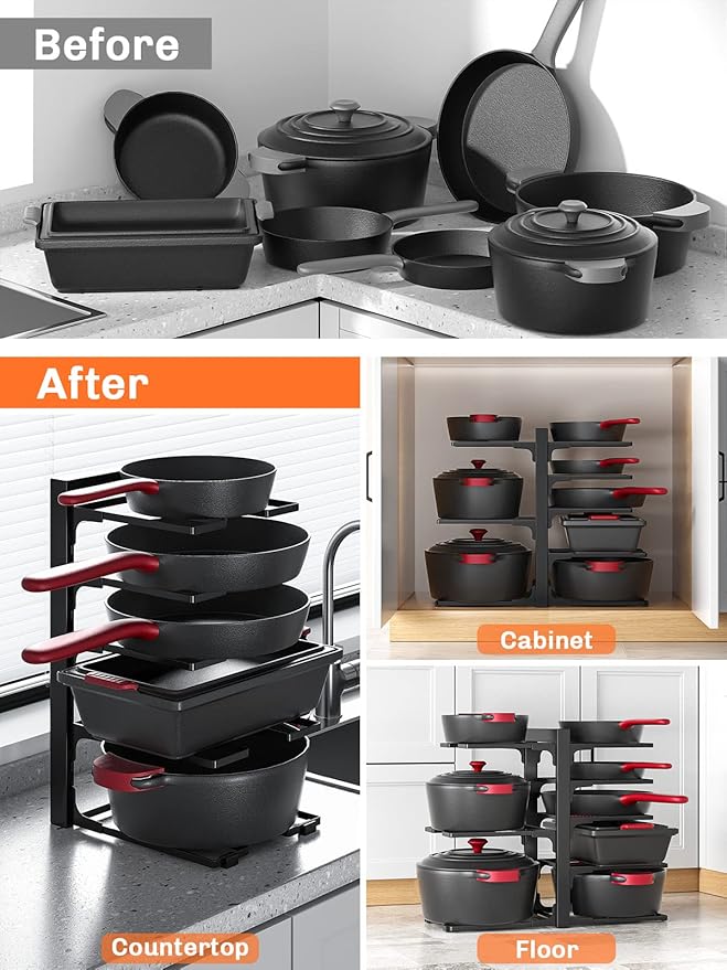 MUDEELA 8-Tier Heavy Duty Adjustable Pan Organizer Rack for Kitchen Cabinet Storage and Organization