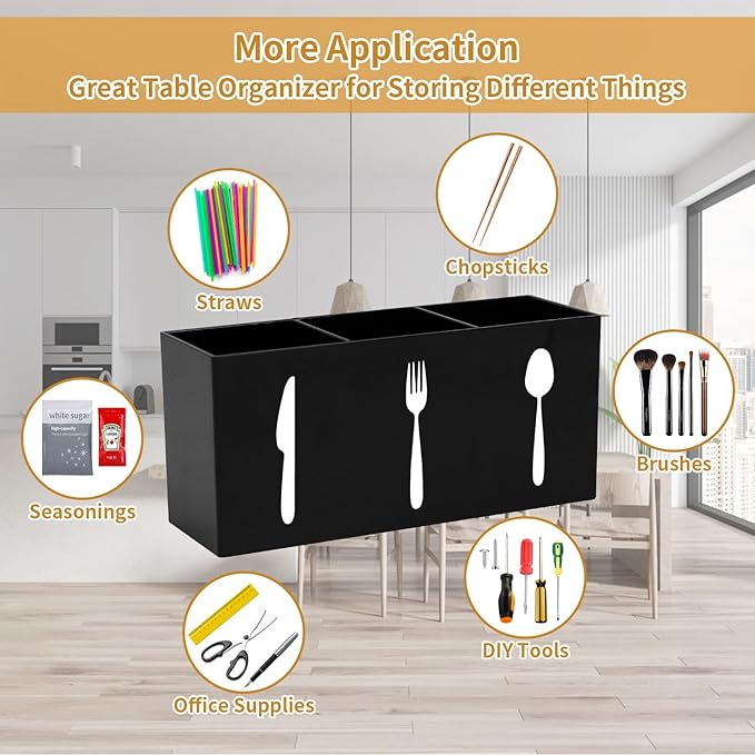 Plastic Utensil Holder, Knife Fork and Spoon Holder Silverware Caddy, Acrylic Kitchen Cutlery Storage Box, Flatware Organizer for Countertop, Indoor Outdoor Party Tableware Holder (Black)