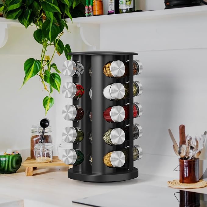 Rotating Spice Rack Organizer, Spice Tower for Countertop, Revolving Spice Rack Set for Cabinet, Black Steel Kitchen Seasoning Organizer with 20 Jars and Funnel