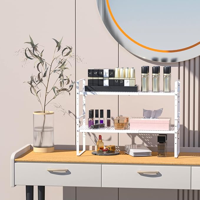 Expandable Cabinet Organizer Shelves,Metal Adjustable Height Spice Racks,D:10.24" x W:16.5"-27.2" Stackable Storage Shelves for Cabinet,Pantry,Counter,Cupboard,2 Packs Kitchen Under Sink Storage Racks