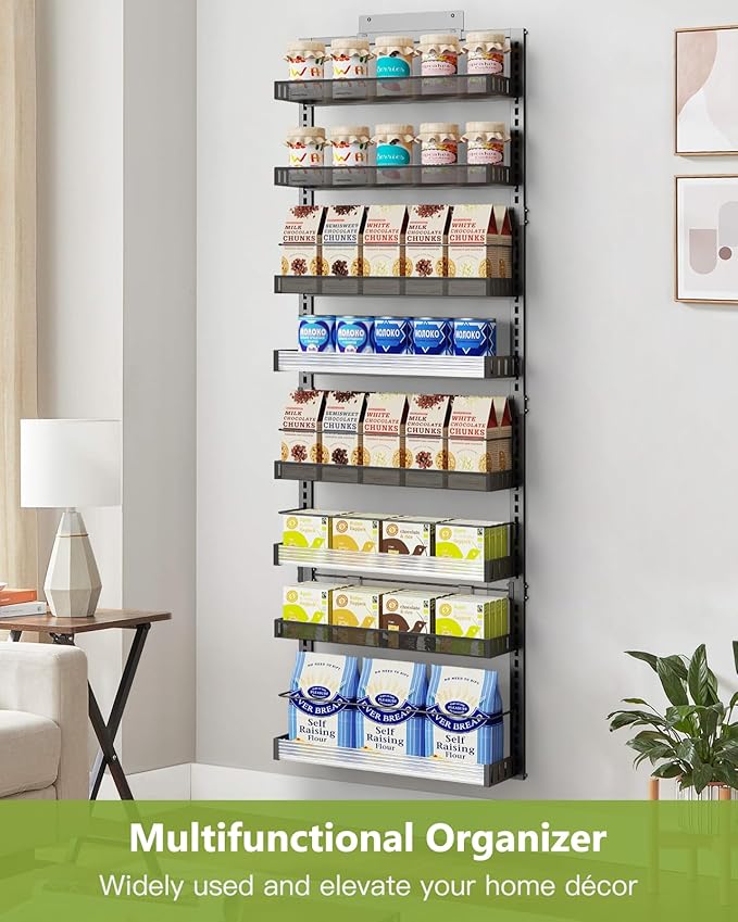 8-Tier Over the Door Pantry Organizer, 2 in 1 Large Door Spice Rack with Adjustable Metal Baskets, Heavy Duty Hanging or Wall Mounted Storage Organizer for Kitchen Pantry and Room Wall