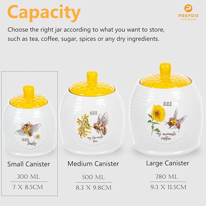Kitchen Storage Canisters Honey Bee & Flower Pattern Ceramic Tea Coffee Sugar Storage Canister Jar with Airtight Lid for Home Modern Kitchen, 300ml/10oz, Small