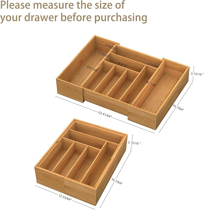 BAMEOS 3.9inch Tall Bamboo Drawer Organizer, Expandable Utensil Holder with 8 Compartments, Adjustable Kitchen Drawer Divider for Flatware, Silverware and Gadgets, Deep Storage for Home and Office