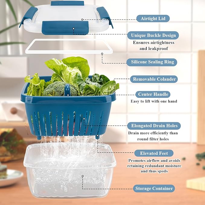 shopwithgreen 50oz Berry Keeper Fruit Storage Container for Fridge, Fresh Food Produce Saver Containers with Removable Drain Colanders and Lid, Vegetable Lettuce Keeper Bowl for Refrigerator Organizer