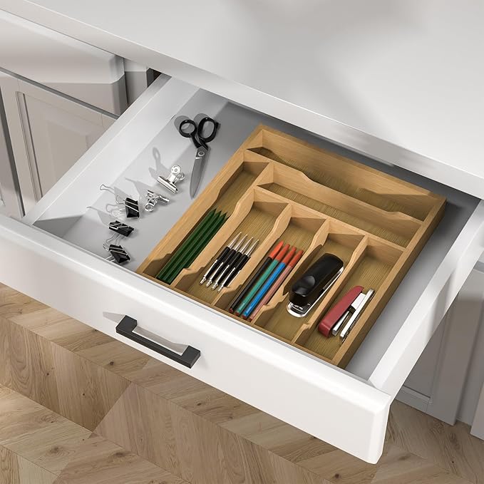 Bamboo Kitchen Drawer Organizer, Utensils Organizer Cutlery Tray Holder, 7-Slot Drawer Divider for Silverware, Flatware