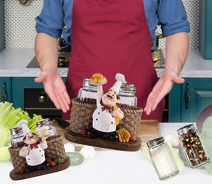 Salt and Pepper Shakers Set,Sitting Chef Decorative Statue Spice Organizer,Glass Spice Jars with Holder Figurine Gift for Family,Kitchen,Restaurant, Cafe,Bakery (Bread)