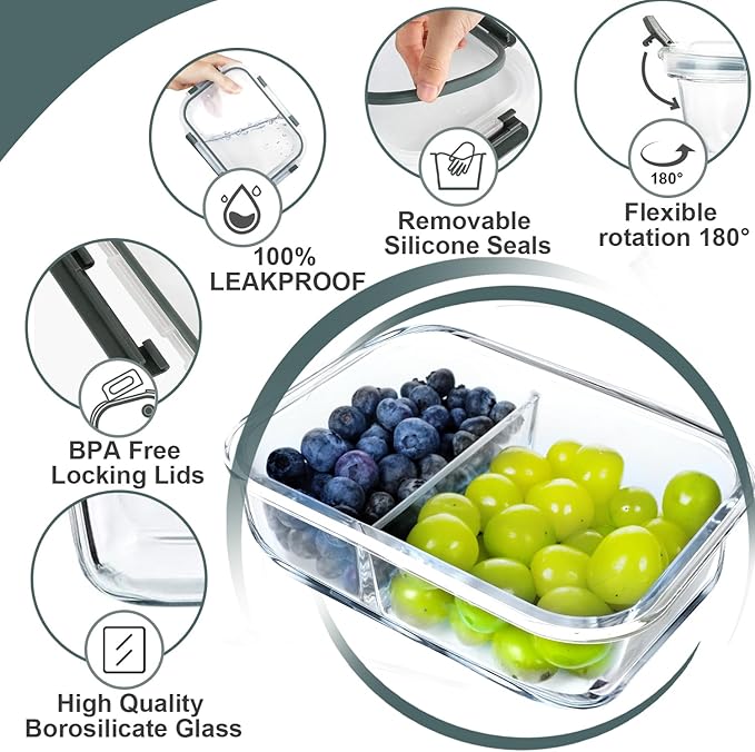 VERONES 10 Pack Glass Meal Prep Containers 2 Compartment Set, 30 OZ Airtight Glass Lunch Containers, Glass Food Storage Containers with Lids, for Microwave, Oven, Freezer & Dishwasher Friendly,Grey
