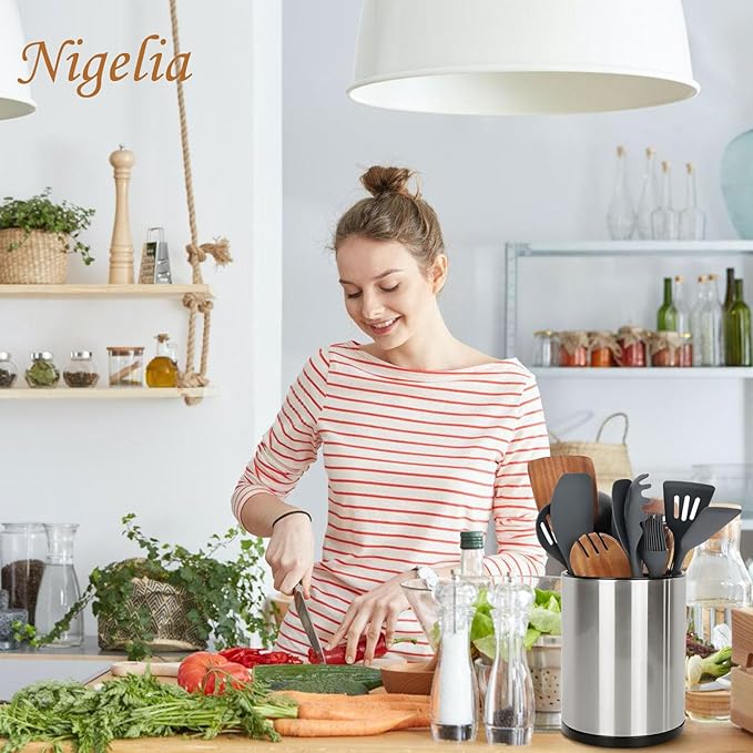 360° Rotating Kitchen Utensil Holder - Extra Large Stainless Steel Cooking Utensil Holder for Countertop, 3 Compartment Flatware Organizer & Cooking Caddy with Removable Base(Silvery)