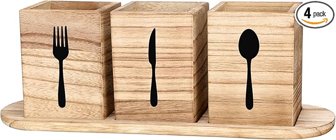 Kathfly 4 Pcs Silverware Caddy Utensil Holder for Countertop Silverware Organizer with Wood Tray Spoon Fork Holder 3. 15 x 3. 15 x 4. 53 Inches of Each Organizer for Kitchen Parties(Brown)