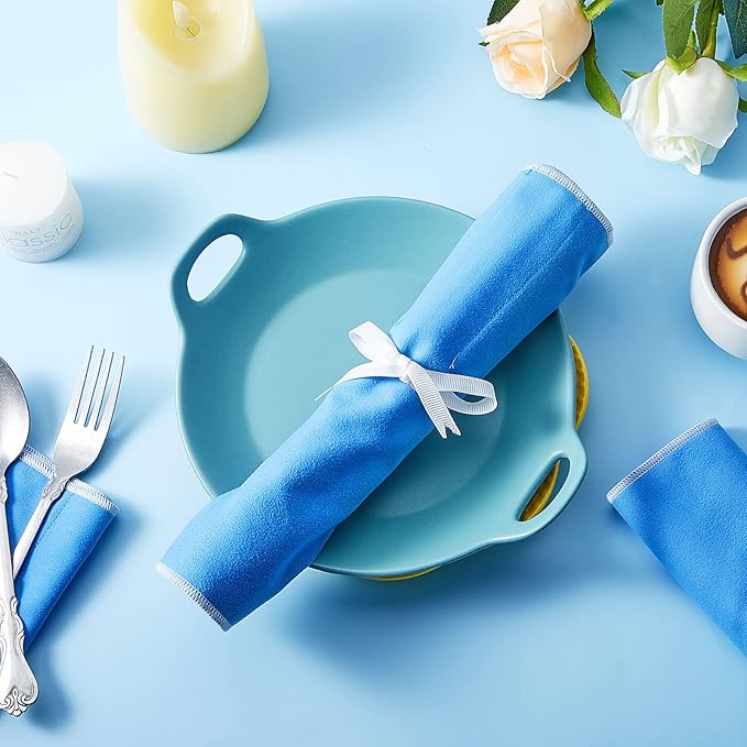 4 Pieces Silver Storage Bags Anti Tarnish Silver Protector Bags Blue Holder for Flatware Storage Organizer Place Setting Roll with White Ribbon for Kitchen Utensils