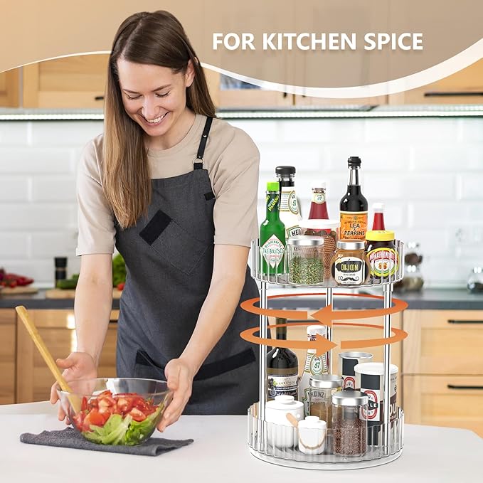 Lazy Susan Turntable Organizer-360° Rotating Double Layer Storage Rack,Non-slip Base Design, Suitable for Kitchen Countertops, Bathrooms, Dressing Tables (8.5 Inch Diameter)