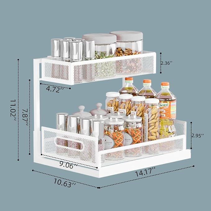 Undersink Organizers 2-Tier Under Cabinet Pull Out Storage with Sliding Out Drawers, Under Sink Organizer for Bathroom Kitchen Durable Wire Rack Shelf Space-Saving Organization, White 1 Pack