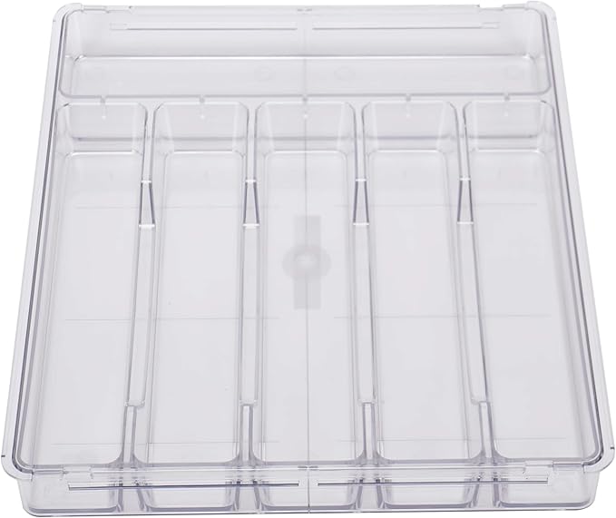 Expandable Kitchen Drawer Organizer - Clear Acrylic Adjustable Silverware Organizer - Utensil Holder and Cutlery Tray with Grooved Drawer Dividers for Flatware (Clear-8 Compartments)