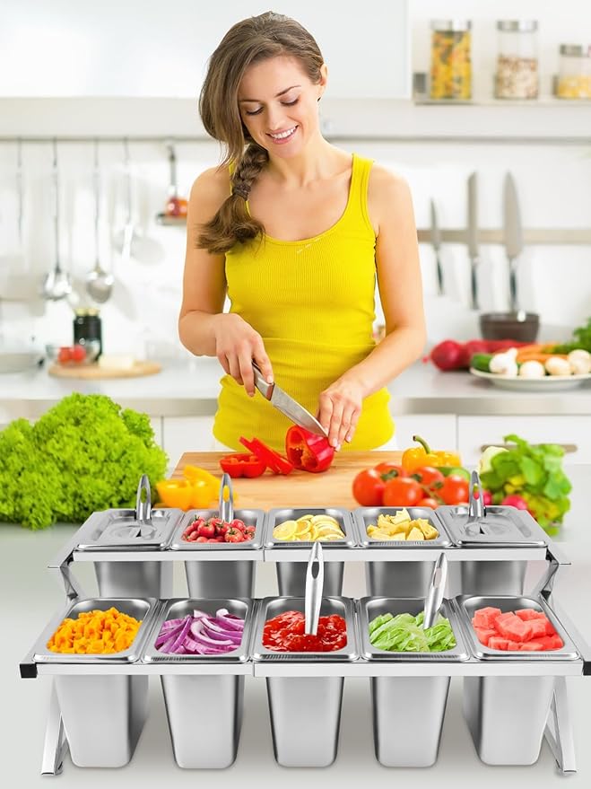 Lanstics 10 Pans Spice Rack Shelf 2 Row Adjustable Stainless Steel Spice Organizer Stand with Spoons Countertop Inclined Holder Buffet Containers Set for Sauce Jam Ingredient Kitchen Restaurant Pantry