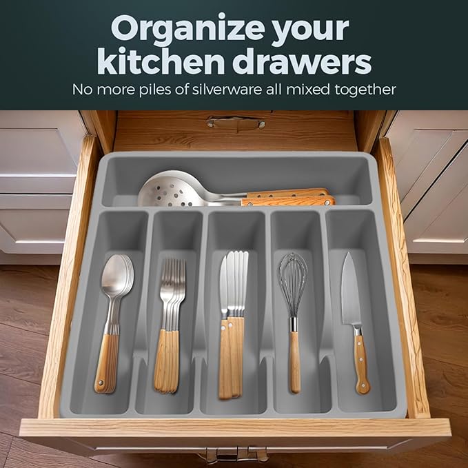 Silicone Silverware Drawer Organizer – Non-Slip Utensil Holder for Kitchen Drawers | Cutlery Tray for Forks, Knives, Spoons & More | Durable, BPA-Free, Easy to Clean – Gray