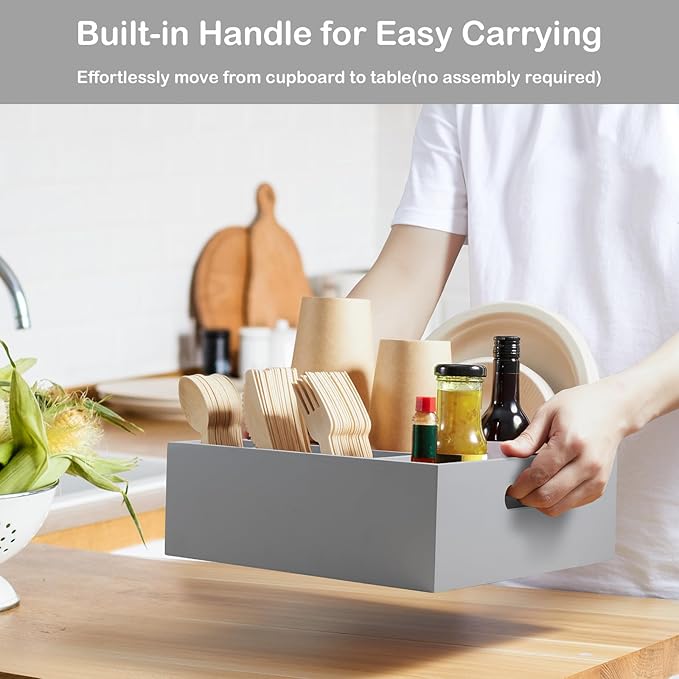 Gray Wood Utensil Holder for Party - Paper Plate Organizer for Countertop - Silverware Caddy with 6 Compartments for Plate Cup Fork Spoon - Cutlery Holder for Kitchen Camping Buffet