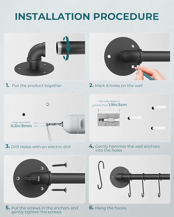 OROPY Wall Mounted Pot Pan Rack 21'' Set of 2, Industrial Utensils Wall Hanger Iron Pipe Kitchen Hanging Rail with 10 S Hooks