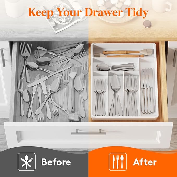 Lifewit Silverware Tray, Deep Wide Cutlery Drawer Organizer Storage for Kitchen, Plastic Flatware Utensil Holder Divider for Spoons Forks Knives Tableware, 6 Compartment, White
