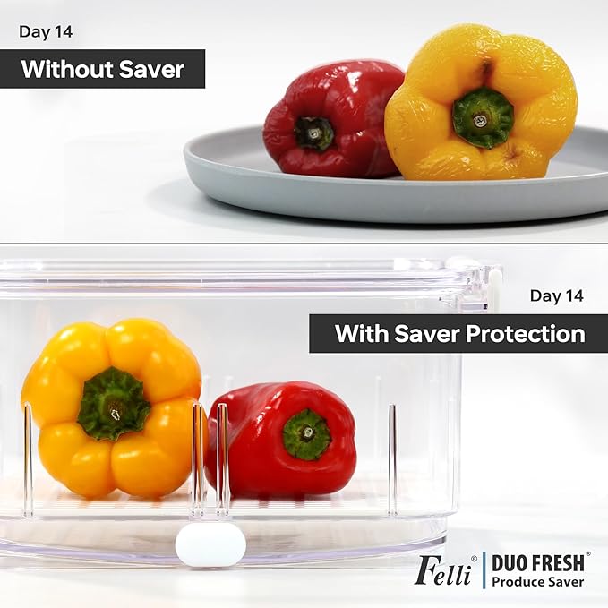 Felli Duo Fresh Produce Saver, ALL IN ONE Veggie Fruit Basket for Fridge with Vent & Drain, Colander Strainer Tray, Kitchen Refrigerator Washing Bin for Berry Vegetable Storage Container, Gifts