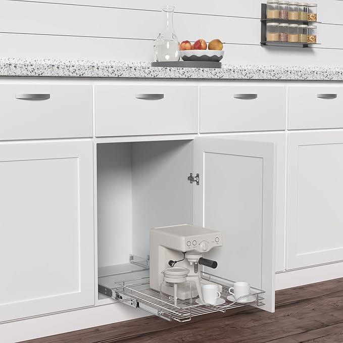 DINDON Pull Out Cabinet Organizer, (20" W x 18" D) Heavy-Duty Metal Sliding Drawer Shelf, Bathroom Under Sink Kitchen Cabinets Organizer and Storage Slide Out Shelves, Chrome, 1 Tier, 2 Pack