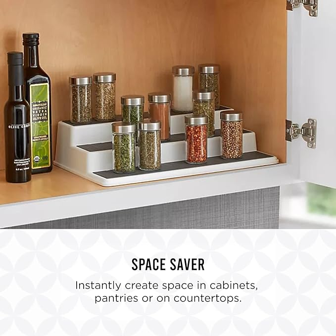 Copco Non-Skid 3-Tier Spice Pantry Kitchen Cabinet Organizer, 10-Inch, White/Gray