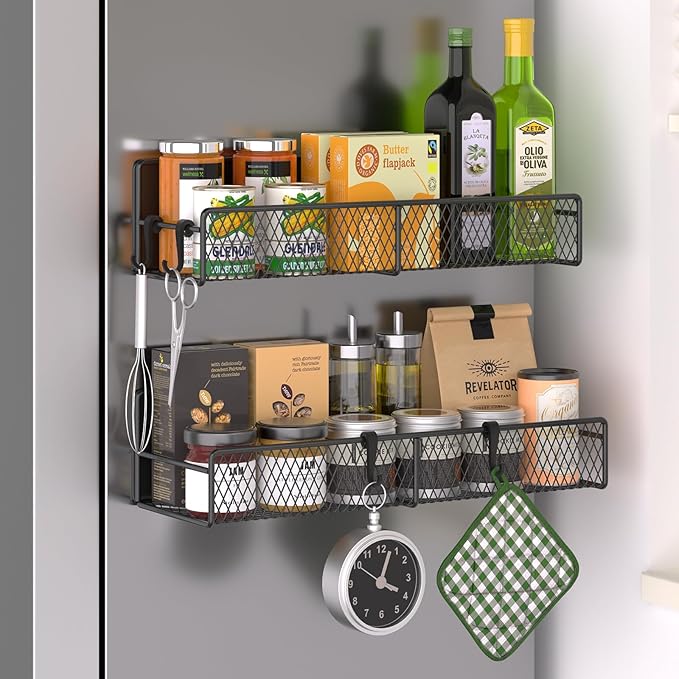 Magnetic Spice Rack for Refrigerator, 2 Pack Metal Magnetic Shelf Black, Moveable Spice Organizer with Hooks, Super Magnetic Fridge Shelf for Kitchen Organization and Storage