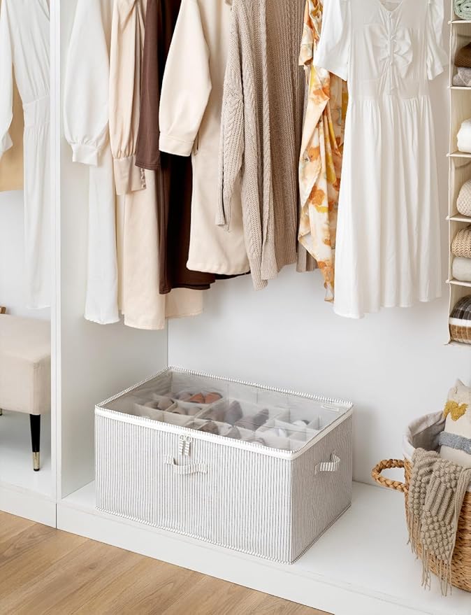 StorageWorks Shoe Organizer for Closet, Fits up to 24 Pairs, Shoe Cubby Storage Containers with Adjustable Dividers and Clear Cover, Gray and White Stripes