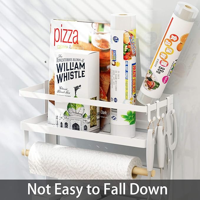EASTTOWEST Magnetic Spice Rack,4 Tier Kitchen Magnetic Shelf for Refrigerator with 2 Paper Towel Holders and 5 Removable Hooks,Matte White