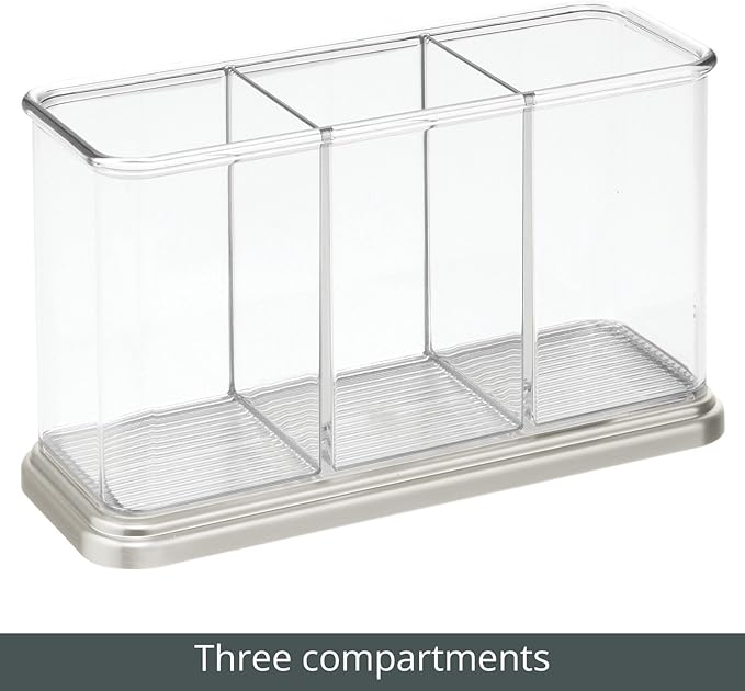 mDesign Plastic Cutlery Utensil Holder Storage Organizer Caddy for Kitchen Countertop Organization - Holds Fork, Knife, Spoon, Silverware - 3 Divided Sections - Hyde Collection - Clear/Brushed