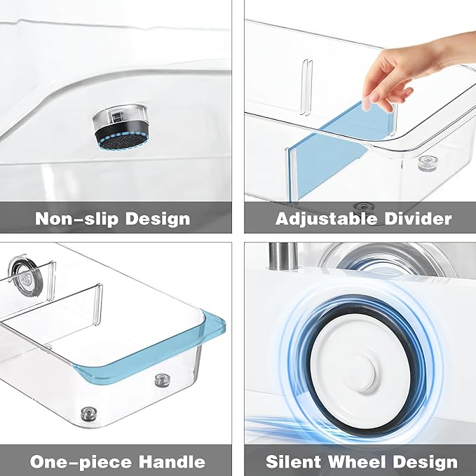 MANO 2 Pack Divided Rolling Refrigerator Tray Clear Roll Out Fridge Caddy Organizer with Wheels for Veggie Pantry Snackle Box Under Sink Bathroom Organizer and Storage Bins