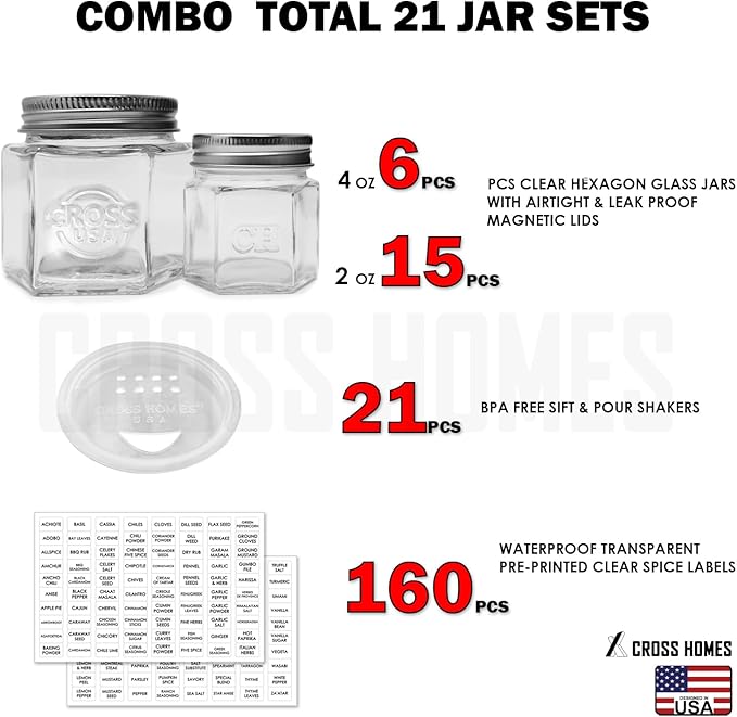 Magnetic Spice Jars Combo Pack 21 Set (6 Large 4 oz + 15 Small 2 oz) Refrigerator Hexagon Glass Spice Jar Magnetic Lid Shaker Spice Labels Magnetic Glass Spice Containers for RV Kitchen Fridge Cabinet