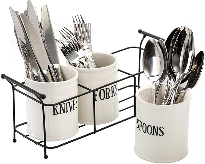 Bekith 3-Piece White Ceramic Silverware Caddy with Black Metal Rack, Utensil Holder Flatware Caddy Cutlery Storage Organizer for Kitchen Table, Cabinet or Pantry