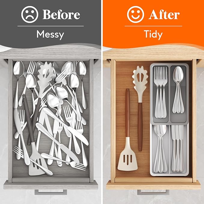 Lifewit Compact Silverware Organizer for Kitchen Drawer, Narrow Flatware Tray Holder, Plastic Cutlery Spoons, Forks and Knives Storage, White&Gray, 3 Pack