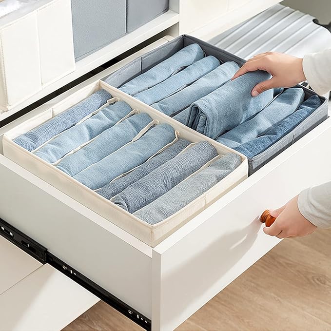 2 Packs Wardrobe Clothes Organizer, Foldable Closet Organizers Extra large 5 Grids Fabric Drawer Dividers with Double Handles for Jeans, Clothes, Pants, Sweaters, T-Shirts (Cream)