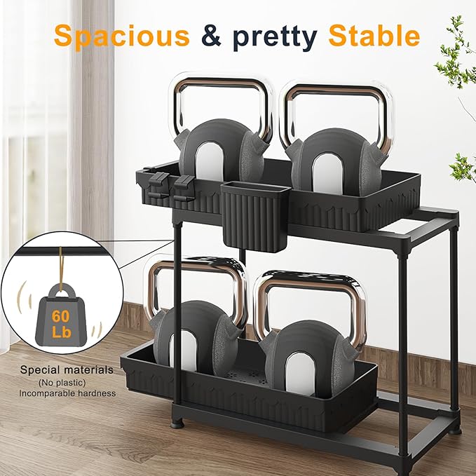 2 Pack Double Sliding Under Sink Organizers and Storage, 2 Tier Under Bathroom Cabinet Shelf Organizer with Hooks Hanging Cup, Home Organization, Black