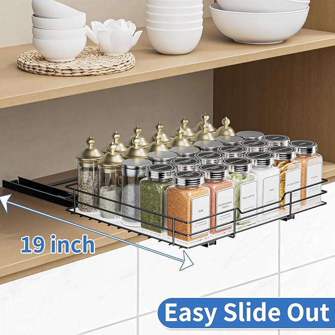 Spice Rack Organizer for Cabinet, Pull Out Spice Rack for Cabinet, Seasoning Organizer for Kitchen and Pantry, Fits Spices, Sauces, Canned Food (12.5''Wx10.5''Dx2.5''H)