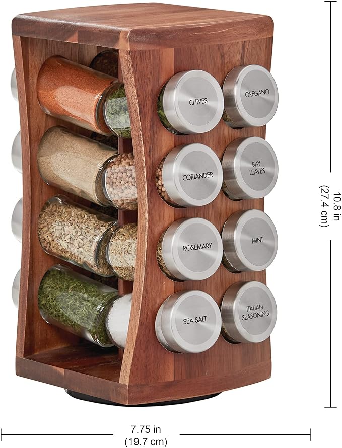 Kamenstein 16 Jar Hourglass Revolving Countertop Spice Rack with Spices Included, FREE Spice Refills for 5 years, Acacia with Stainless Steel Caps,Brown