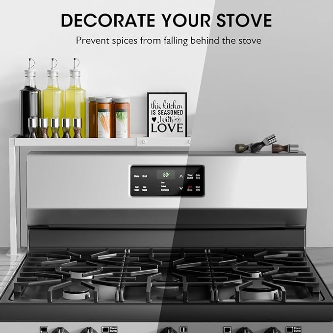 Bumusty Spice Rack Shelf for Kitchen Stove, 32" Stove Top Shelf, Stove Shelf for Back of Stove, Over the Stove Shelf, Kitchen Organizers, Oven Shelf for Top of Stove, White