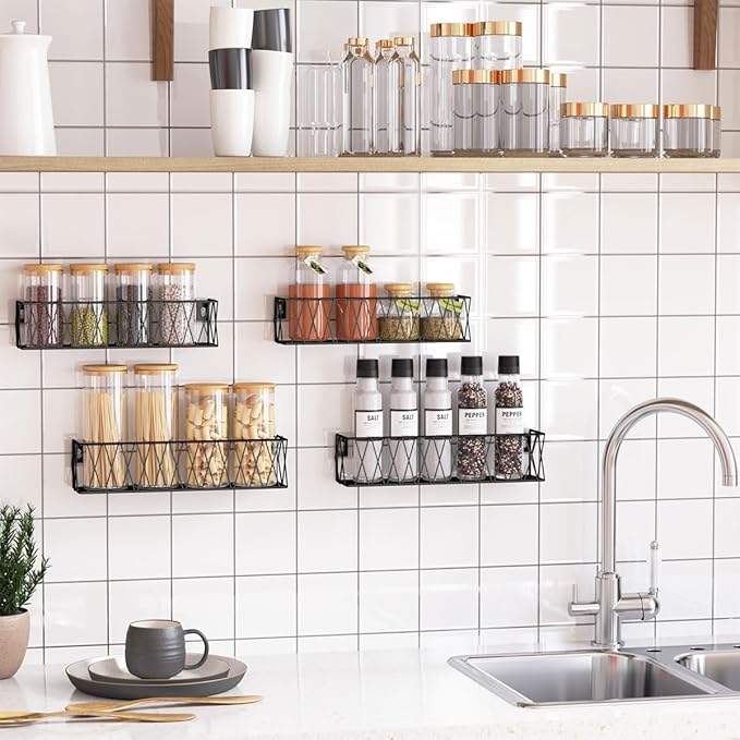 Hanging Spice Rack Wall Mount 4 Pack, Seasoning Rack Organizer Adhesive Spice Shelf Easy to Install, Kitchen Organization Cabinet Stand Space Saver, Metal, Black