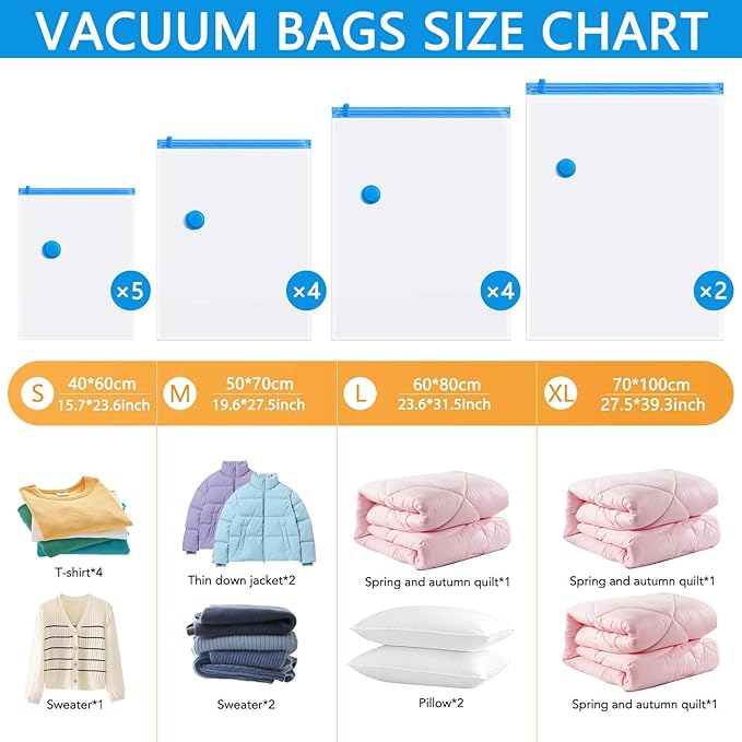 15 Pack Vacuum Storage Bags,Vacuum Seal Bags for Clothing with Hand Pump, 2 Jumbo+4 Large+4 Medium+5 Small, 80% Space Saver Bags for Clothes, Pillows, Comforters and Blankets, Home Travel Essentials