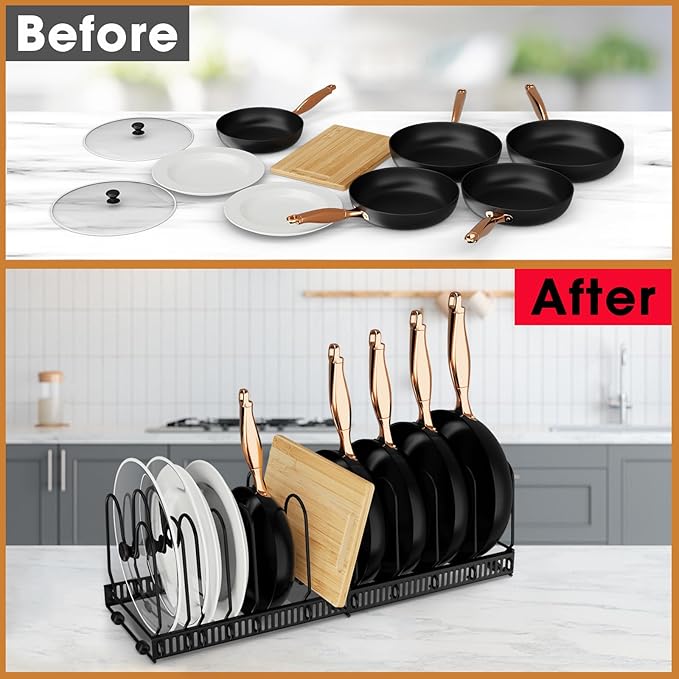 Pots and Pans Organizer, Expandable Rack with 11 Dividers for Bakeware and Lid Storage (Black)