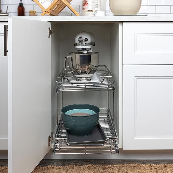 Household Essentials Glidez Multipurpose Chrome-Plated Steel Pull-Out/Slide-Out Basket Storage Organizer for Under Cabinet Use - 2-Tier Design - Fits Standard Size Cabinet or Shelf, Chrome
