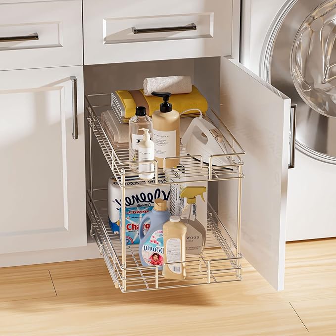 LOVMOR 2-Tier Pull Out Cabinet Organizer, 14" W x 21" D, Chrome Pull Out Drawer for Base Cabinet Silver