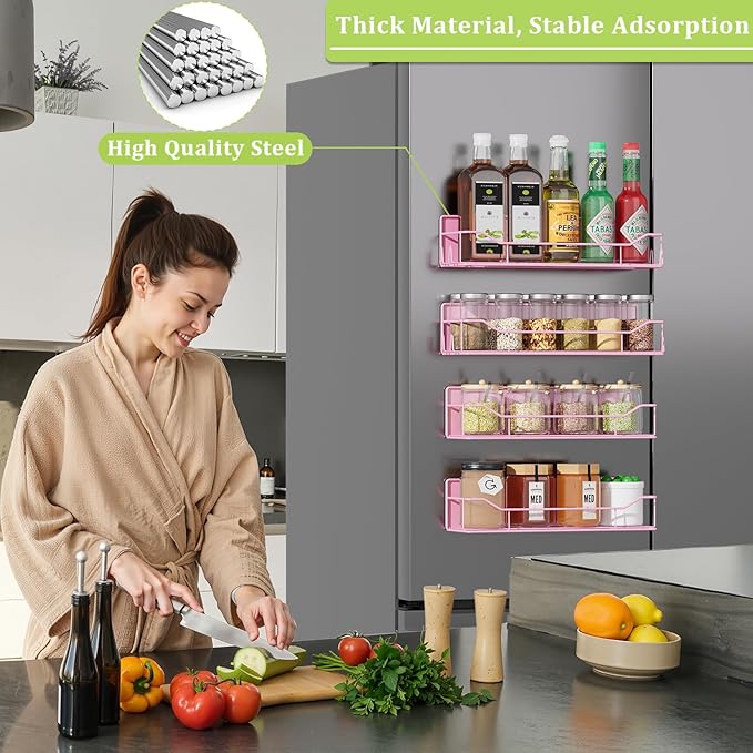 Magnetic Spice Rack for Refrigerator, 4 Pack Metal Strong Magnet Spice Organizer Shelves, Magnetic Fridge Shelf for Kitchen Seasoning Organizer Gadgets, Home Organization and Storage (Pink)