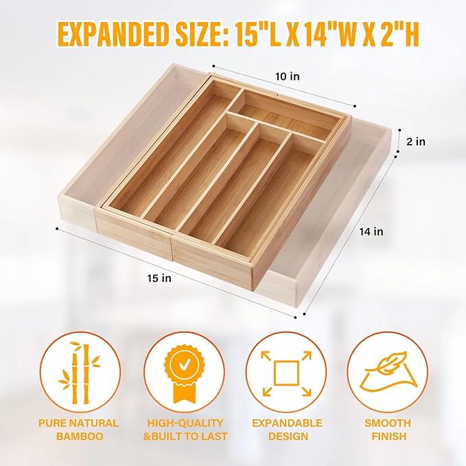 Expandable Silverware Organizer Utensil Drawer Organizer,14 Inch Silverware Tray for Kitchen Drawer,Bamboo Flatware Tableware Cultery Caddy Tray Home Essentials Utensils Holder,15"D x 14"W x 2"H