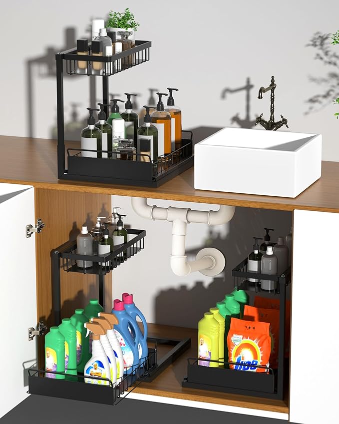 Under Sink Organizer,Metal Pull Out Kitchen Cabinet Organizer with Sliding Drawer,Sturdy Multi-Functional for Bathroom Organization,Black