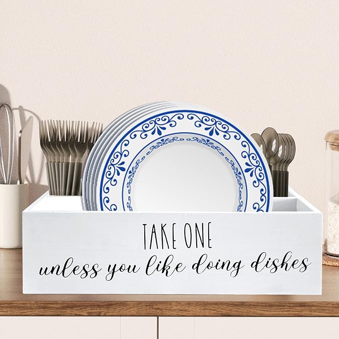 Paper Plate Holder, Plastic Silverware Caddy, Plastic Utensil Dispenser for Party Buffet Camping BBQ, Disposable Spoon Fork Knives Dish Cup Napkin Storage Organizer for Kitchen Counter (White)