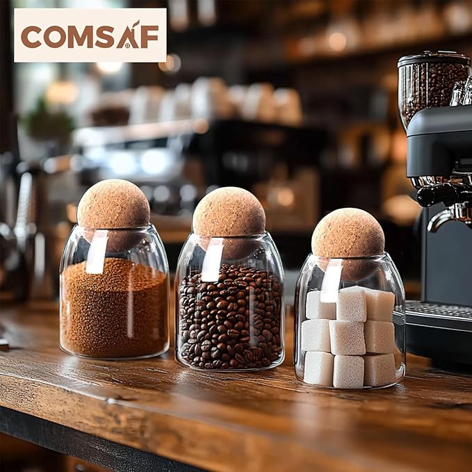 ComSaf Glass Storage Container with Ball Cork, 16 OZ Small Glass Jar with Cork Lids, 3 Pack Candy Jar, Tip Jars, Decorative jars, Cute Jars for Coffee, Sugar, Salt, Apothecary Cotton Swab Qtip Holder